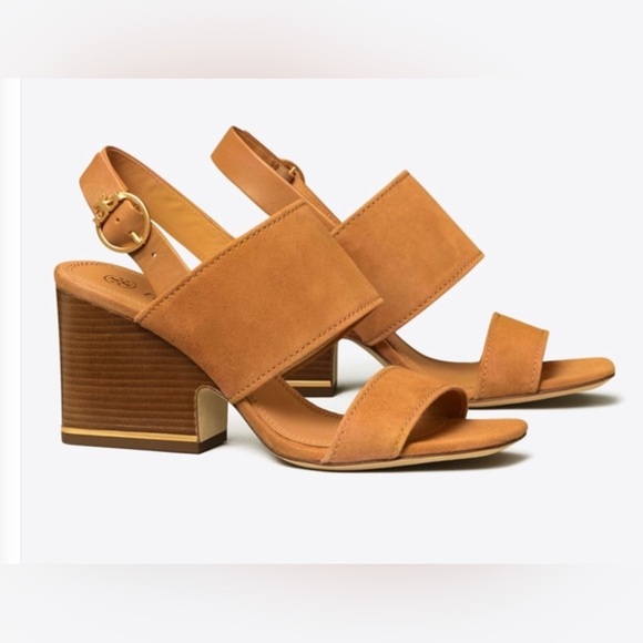 Tory Burch Suede Tan Heels with Block Heel and Ankle Strap...